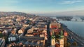 Budapest sunrise skyline, aerial view. Danube river, Buda side, Hungary