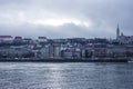 Budapest cityscape afternoon over Danube river with church in the background.