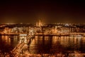 Budapest cityscape at night. Chain Bridge in front over Danube river.