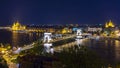 Budapest cityscape with St. Stephen`s Basilica, Chain bridge and Hungarian parliament at night, Hungary Royalty Free Stock Photo