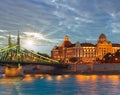 Budapest dusk view. Long exposure. Hungarian landmarks, Freedom Bridge and Gellert Hotel Palace Royalty Free Stock Photo