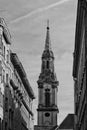 Budapest Franciscan church tower black and white photography