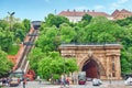 BUDAPEST, HANGARY-MAY 02, 2016: Funicular Royal Castle of Hungarian kings and road tunnel. Buda Hill Funicular was destroyed in W Royalty Free Stock Photo