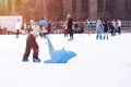 04.01.2022.Budapest.Happy little boy and girl learning to skate in winter.Hobbies and Leisure.Winter sports.Family winter sport.