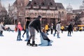 04.01.2022.Budapest.Happy little boy and girl learning to skate in winter.Hobbies and Leisure.Winter sports.Family winter sport.