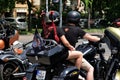 Budapest. Harley Davidson motorcycle convention. rider and female passenger on large bike