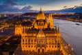 Budapest, Hungary - Aerial blue hour view of the Parliament of Hungary with Buda Castle Royal Palace, Liberty Statue Royalty Free Stock Photo