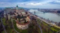 Budapest, Hungary - Aerial drone skyline view of Buda Castle Royal Palace with Szechenyi Chain Bridg