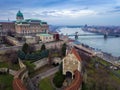 Budapest, Hungary - Aerial drone skyline view of Buda Castle Royal Palace with Szechenyi Chain Bridge Royalty Free Stock Photo