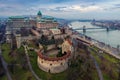 Budapest, Hungary - Aerial drone skyline view of Buda Castle Royal Palace with Szechenyi Chain Bridge Royalty Free Stock Photo