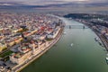 Budapest, Hungary - Aerial drone view of the beautiful Hungarian Parliament building at sunset with St. Stephen`s Basilica Royalty Free Stock Photo