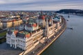 Budapest, Hungary - Aerial drone view of the beautiful Hungarian Parliament building at sunset with warm colors and blue sky Royalty Free Stock Photo