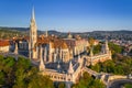 Budapest, Hungary - Aerial drone view of beautiful Matthias Church and Fisherman`s Bastion Halaszbastya Royalty Free Stock Photo