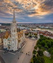 Budapest, Hungary - Aerial drone view of the beautiful Matthias Church in the morning with Fisherman`s Bastion Halaszbastya