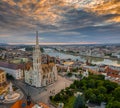 Budapest, Hungary - Aerial drone view of the beautiful Matthias Church in the morning with Fisherman`s Bastion Halaszbastya Royalty Free Stock Photo