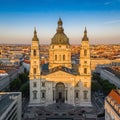 Budapest, Hungary - Aerial drone view of the beautiful St. Stephen`s Basilica at sunset with warm summer afternoon lights Royalty Free Stock Photo