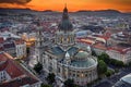 Budapest, Hungary - Aerial drone view of the beautiful St.Stephen`s Basilica Szent Istvan Bazilika with a golden sunset Royalty Free Stock Photo