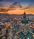 Budapest, Hungary - Aerial drone view of the beautiful St.Stephen`s Basilica Szent Istvan Bazilika with a golden sunset