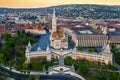 Budapest, Hungary - Aerial drone view of the famous Fisherman`s Bastion Halaszbastya and Matthias Church Royalty Free Stock Photo