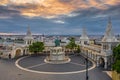 Budapest, Hungary - Aerial drone view of the famous Fisherman`s Bastion at sunrise with statue of King Stephen I Royalty Free Stock Photo