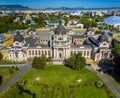 Budapest, Hungary - Aerial drone view of the famous Szechenyi Thermal Bath in City Park Varosliget on a sunny summer day Royalty Free Stock Photo