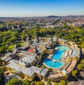 Budapest, Hungary - Aerial drone view of the famous Szechenyi Thermal Bath and Spa on a sunny summer day Royalty Free Stock Photo