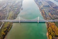 Budapest, Hungary - Aerial drone view of Megyeri Bridge, the biggest bridge of Budapest on an autumn morning