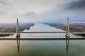 Budapest, Hungary - Aerial drone view of Megyeri Bridge, the biggest bridge of Budapest on a cloudy autumn