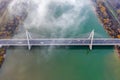 Budapest, Hungary - Aerial drone view of Megyeri Bridge, the biggest bridge of Budapest on a cloudy autumn morning