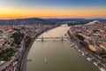 Budapest, Hungary - Aerial drone view of Budapest at sunset with clear sky, Buda Castle Royal Palace, Szechenyi Chain Bridge Royalty Free Stock Photo