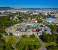 Budapest, Hungary - Aerial panoramic drone view of the famous Szechenyi Thermal Bath in City Park Varosliget with Budapest Zoo Royalty Free Stock Photo