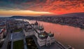 Budapest, Hungary - Aerial panoramic drone view of the Hungarian Parliament building on a winter afternoon Royalty Free Stock Photo