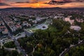 Budapest, Hungary - Aerial panoramic skyline of Budapest at dusk with colorful sunset with Museum of Ethnography