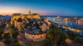 Budapest, Hungary - Aerial panoramic skyline view of beautiful illuminated Buda Castle Royal Palace with Szechenyi Chain Bridge Royalty Free Stock Photo