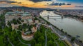 Budapest, Hungary - Aerial panoramic skyline view of Buda Castle Royal Palace with Matthias Church, Szechenyi Chain Bridge Royalty Free Stock Photo