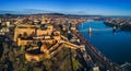 Budapest, Hungary - Aerial panoramic skyline view of Buda Castle Royal Palace with Szechenyi Chain Bridge, Hungarian Parliament Royalty Free Stock Photo