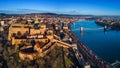 Budapest, Hungary - Aerial panoramic skyline view of Buda Castle Royal Palace with Szechenyi Chain Bridge, Hungarian Parliament Royalty Free Stock Photo