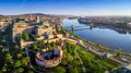 Budapest, Hungary - Aerial panoramic skyline view of Buda Castle Royal Palace with Szechenyi Chain Bridge Royalty Free Stock Photo