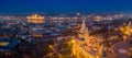 Budapest, Hungary - Aerial panoramic skyline view of Budapest with illuminated Fisherman`s Bastion, Parliament of Hungary Royalty Free Stock Photo