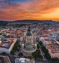 Budapest, Hungary - Aerial panoramic skyline view of St. Stephen`s Basilica with a dramatic colorful sunset and Chain Bridge Royalty Free Stock Photo