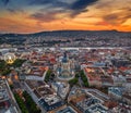 Budapest, Hungary - Aerial panoramic skyline view of Budapest at sunset with St.Stephen`s Basilica. Buda Castle Royal Palace