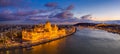 Budapest, Hungary - Aerial panoramic view of the beautiful illuminated Parliament of Hungary with Szechenyi Chain Bridge Royalty Free Stock Photo