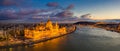 Budapest, Hungary - Aerial panoramic view of the beautiful illuminated Parliament of Hungary with Szechenyi Chain Bridge Royalty Free Stock Photo