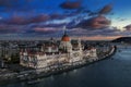 Budapest, Hungary - Aerial panoramic view of the beautiful illuminated Parliament of Hungary with Szechenyi Chain Bridge Royalty Free Stock Photo
