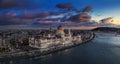 Budapest, Hungary - Aerial panoramic view of the beautiful illuminated Parliament of Hungary with Szechenyi Chain Bridge Royalty Free Stock Photo