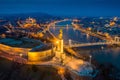 Budapest, Hungary - Aerial panoramic view of Budapest at blue hour. This view includes illuminated Statue of Liberty