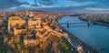 Budapest, Hungary - Aerial panoramic view of Buda Castle Royal Palace with Szechenyi Chain Bridge, Parliament Royalty Free Stock Photo