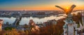 Budapest, Hungary - Aerial panoramic view of Budapest, taken from Buda Castle Royal Palace at autumn sunrise Royalty Free Stock Photo