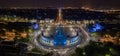 Budapest, Hungary - Aerial panoramic view of Heroes` Square by night lit with unique blue lights