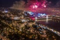 Budapest, Hungary - Aerial panoramic view of the illuminated Buda Castle Royal Palace and Szechenyi Chain Bridge with fireworks Royalty Free Stock Photo